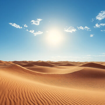 A vast desert landscape with rolling sand dunes under a bright blue sky and scattered white clouds