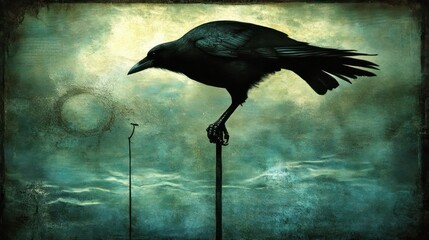 Brooding crow perched on post, mystical sky, artistic, album cover