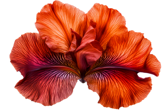Isolated Red Iris Flower with Detailed Veins and Black Background, cut out transparent