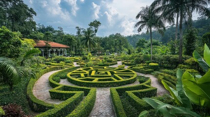 Tropical garden maze, lush greenery, hillside villa, sunny day, tourism