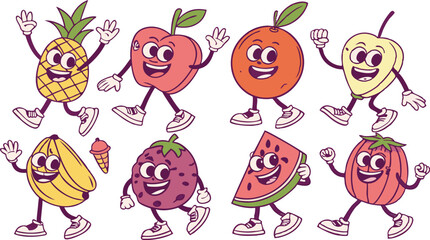 Retro groovy fruit characters. Fruits juicy sticker pack.
Funky cartoon mascot of watermelon grape cherry banana strawberry with happy smile face & hands and feet. Vintage summer SVG vector illustrati