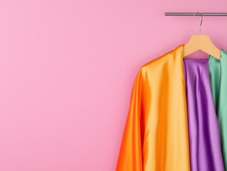 Vibrantcolored silk pajamas with smooth, flowing fabric on a sleek metal hanger, isolated on a gradient pastel background, modern aesthetics