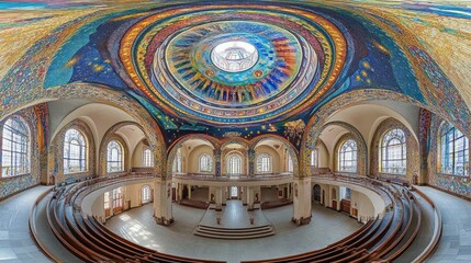 Obraz premium Cathedral interior panorama, vibrant mosaic dome, arched windows, sunlight, worship