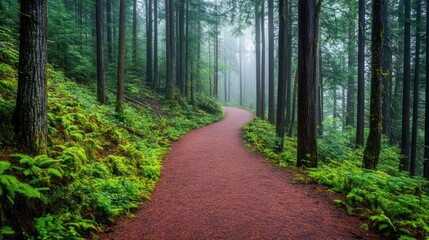 Obraz premium Misty forest trail winding uphill, ferns, Pacific Northwest, nature scene, travel