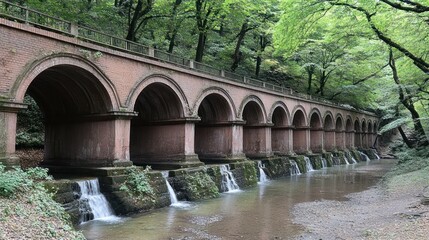 Stone arched bridge over stream, lush forest background, park landscape