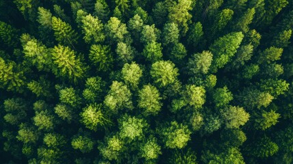 Fototapeta premium Aerial view of lush green coniferous forest, overhead shot, nature background, environmental conservation