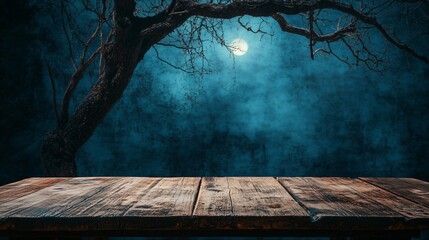 Rustic Wooden Table with Night Sky Dead Tree Silhouette