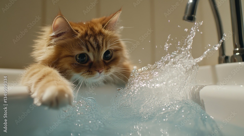 Poster a curious cat perched on the edge of a bathtub, playfully splashing water with its paw while the wat