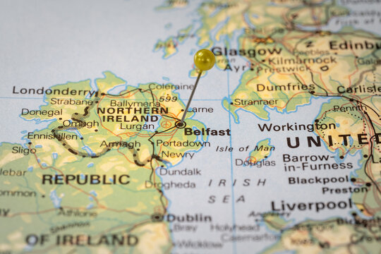 Colorful tourist location map with yellow stick pin at Belfast, Northern Ireland and the surrounding area
