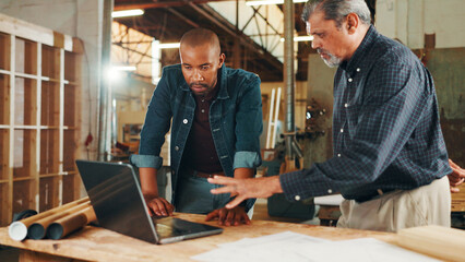 Carpentry research, teamwork or men on laptop in workshop for factory, planning or furniture...