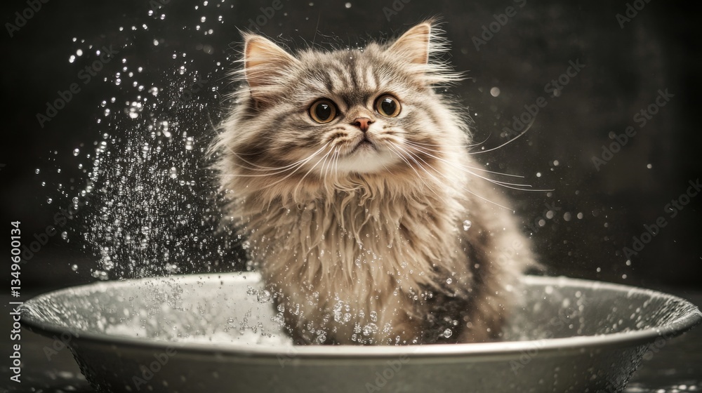 Poster a fluffy cat standing in a shallow tub, surrounded by bubbles, with a look of surprise as it shakes 
