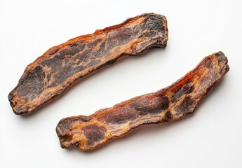 Dried Jerky Strips on White Surface, Natural Snack for Hiking, Camping, and Outdoor Activities, High-Protein Food for Healthy Lifestyle Choices