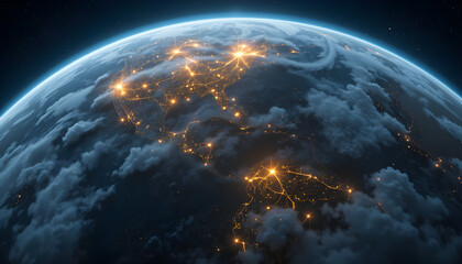 Fototapeta premium Illuminated Earth at Night Showcasing City Lights and Cloud Patterns from Above