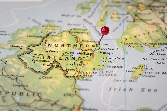 Colorful tourist location map with red stick pin at Belfast, Northern Ireland and the surrounding area