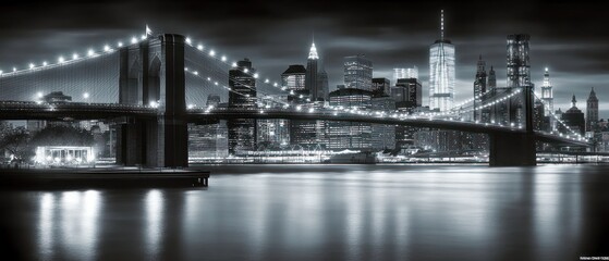 A nighttime view of a city skyline and suspension bridge