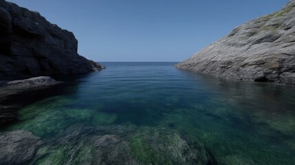 Fototapeta premium Clear turquoise water of a calm sea cove surrounded by rocky cliffs under a bright blue sky.