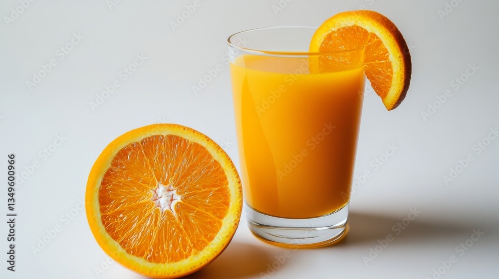 Poster a minimalist presentation of freshly squeezed orange juice in a clear glass, with a vibrant orange s