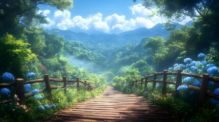 Serene mountain path lined with vibrant flowers, leading to misty peaks under a bright sky. Wooden walkway invites exploration
