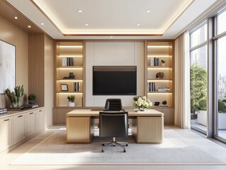 Modern luxury office with large desk, built-in shelves, and city view.