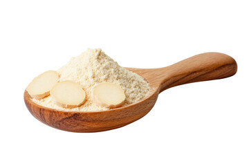 Ginger powder and slices in wooden spoon, cut out transparent