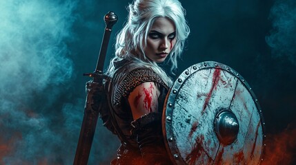 Naklejka premium Female warrior in bloody ragged clothing, fierce and determined look in battle