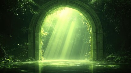 Ancient portal bathed in sunlight, lush greenery