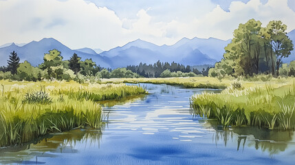 Obraz premium Watercolor painting of a serene river in the distance, with green grass and trees on each side of it, and mountains in the background