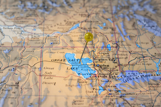 Colorful tourist location map with yellow stick pin at Great Salt Lake, Utah, USA and the surrounding area