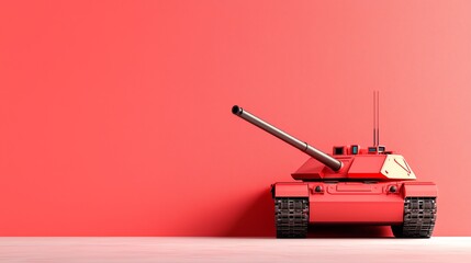 Fototapeta premium Bright Red Military Tank Displayed Against Vibrant Coral Wall