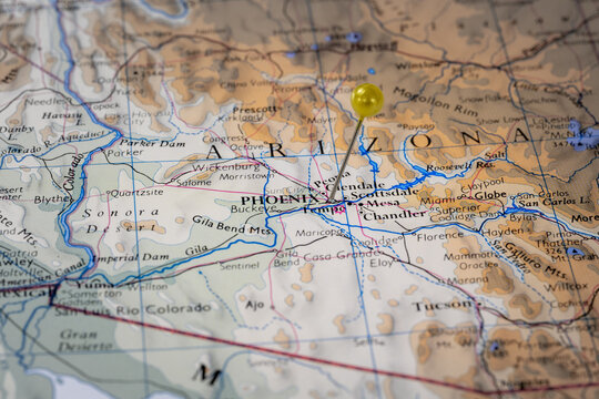 Colorful tourist location map with yellow stick pin at Phoenix, Arizona, USA and the surrounding area