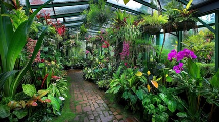 Obraz premium Lush Greenhouse Tropical Plants Orchid Blooms Brick Path Botanical Garden