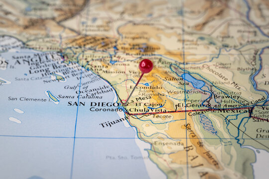 Colorful tourist location map with red stick pin at San Diego, California, USA and the surrounding area