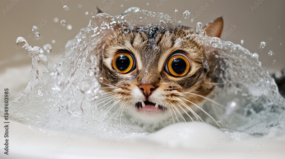 Poster a playful moment captured as a cat tries to escape from a bathtub, with water splashing around and i