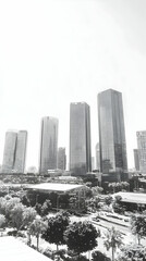 Cityscape, skyscrapers, urban landscape, sunny day, park foreground, modern architecture, website banner
