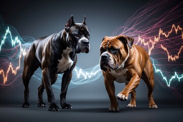 Two powerful dogs positioned against a dynamic digital background, showcasing bold contrasts and energy