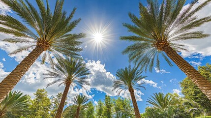 Obraz premium Sunny Palm Trees, Low Angle, Blue Sky, Vacation, Travel Brochure