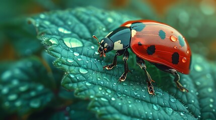 Fototapeta premium Close-up of a ladybug on a dewy green leaf, showcasing nature's beauty in a vibrant garden setting