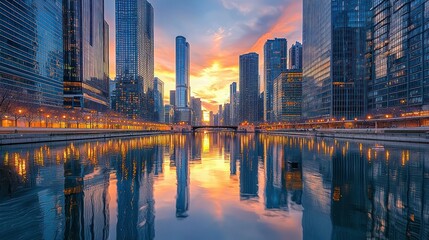 Obraz premium Chicago River sunrise cityscape reflection