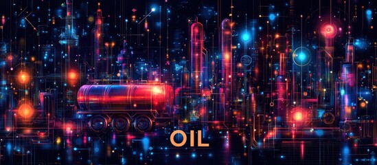 Obraz premium Futuristic illustration of an oil refinery with tanker trucks present