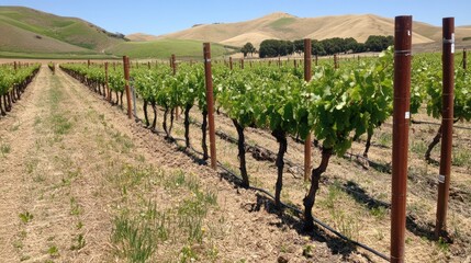 Fototapeta premium Vineyard rows sunny hills agriculture farming landscape
