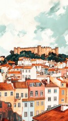 Fototapeta premium Watercolor impressionist panorama of Lisbon overlooking the old city and the castle. Summer sun, warm colors, smooth transitions create an atmosphere of coziness and freedom. Isolated on a white 