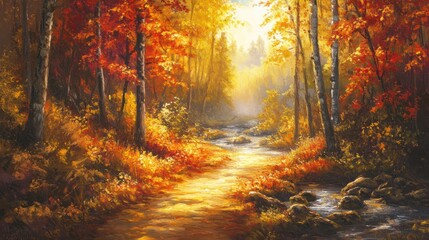 Obraz premium Autumnal forest path, stream, sunlit, fall foliage, nature scene, wall art