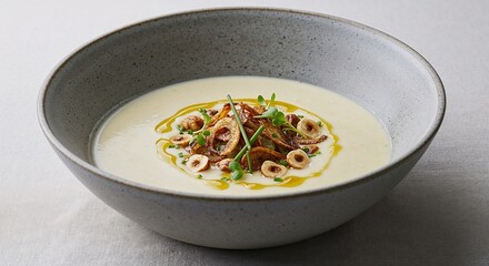 Sunchoke and Hazelnut Velouté in elegant bowl for gourmet food blogs, fine dining menus, upscale cookbook photography, and culinary presentations