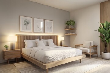 Modern minimalist bedroom with wooden bed, light walls, and plants.