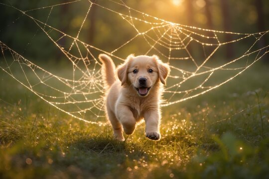 A playful golden retriever puppy running through a sunlit forest with delicate spider webs