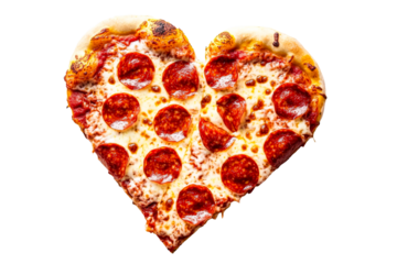 Heart shaped pizza, pepperoni topping, cheese crust, isolated, cut out transparent