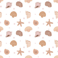 Beige undersea seamless pattern, sea shells, starfish pattern. Pattern for cards, invitations, designs in nautical style.