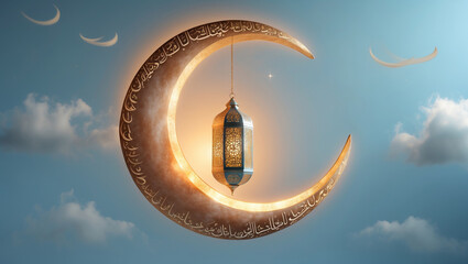 A crescent moon adorned with sacred script gently cradles a glowing lantern, symbolizing Ramadan's peaceful and spiritual arrival against a serene, twilight sky.