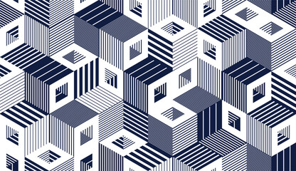 Cubes seamless pattern, abstract 3D optic background, trippy isometric linear polygon endless wallpaper, surreal effect black and white tiling pattern.