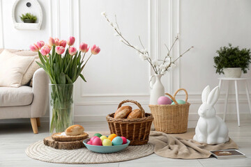 Bright and cozy Easter celebration at home, featuring charming bunny figurines, fresh flowers, woven baskets, and soft pastels.